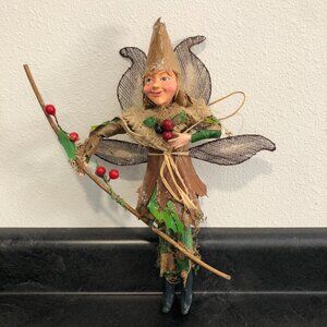 Fairy Figurine Christmas Handmade Woodland Leaves Berries Burlap Paper Mache 14"